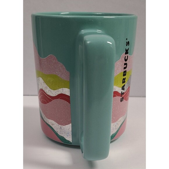 Starbucks 12 fl oz Ceramic Coffee Mug Teal Pink Red Green Wave Silver Foil - Picture 3 of 6